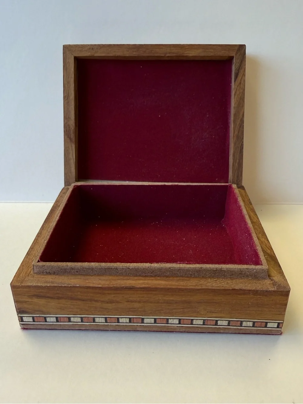 Vintage India Wood Inlay Jewelry Trinket Keepsake Box w/ Mosaic Stone Accent Lid
